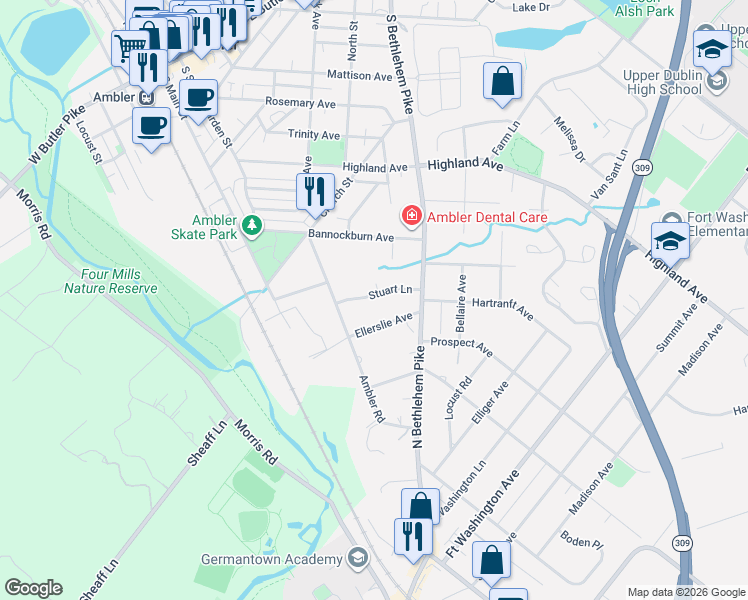 map of restaurants, bars, coffee shops, grocery stores, and more near 411 Stuart Lane in Ambler