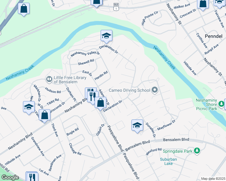 map of restaurants, bars, coffee shops, grocery stores, and more near 6241 Madison Court in Bucks County