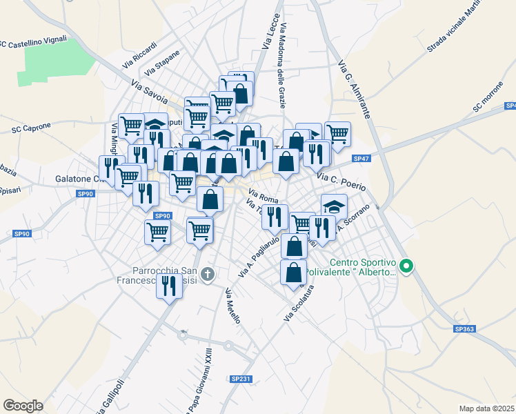 map of restaurants, bars, coffee shops, grocery stores, and more near 16 Via Torrente in Galatone
