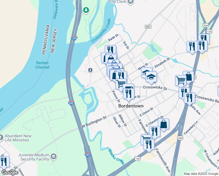 map of restaurants, bars, coffee shops, grocery stores, and more near 216 Prince Street in Bordentown