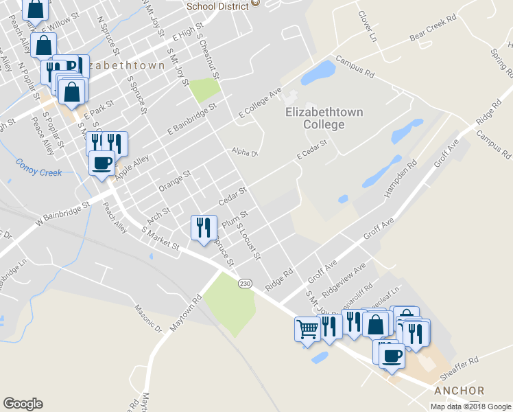 map of restaurants, bars, coffee shops, grocery stores, and more near 493 Plum Street in Elizabethtown