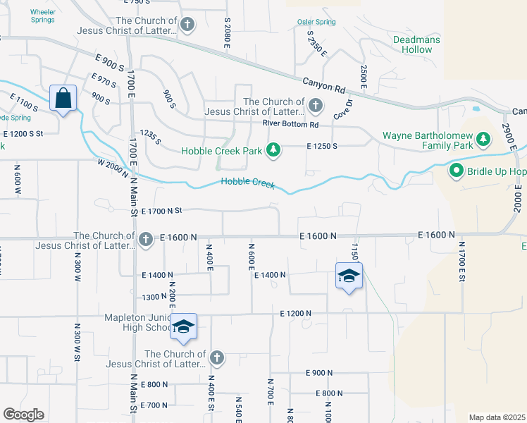 map of restaurants, bars, coffee shops, grocery stores, and more near 662 East 1700 North in Mapleton