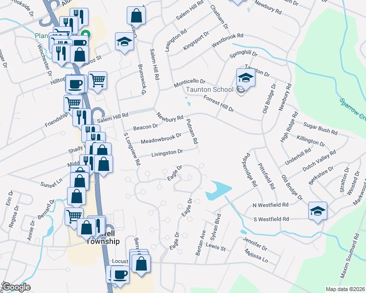 map of restaurants, bars, coffee shops, grocery stores, and more near 28 Livingston Drive in Howell Township