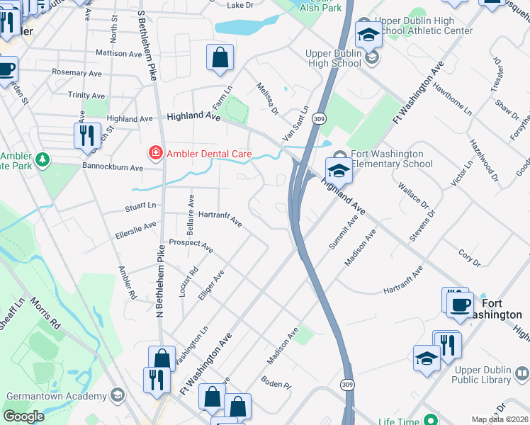 map of restaurants, bars, coffee shops, grocery stores, and more near 705 Spice Bush in Ambler