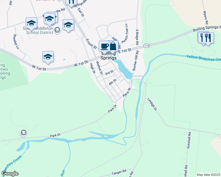 map of restaurants, bars, coffee shops, grocery stores, and more near 406 Walnut Street in Boiling Springs