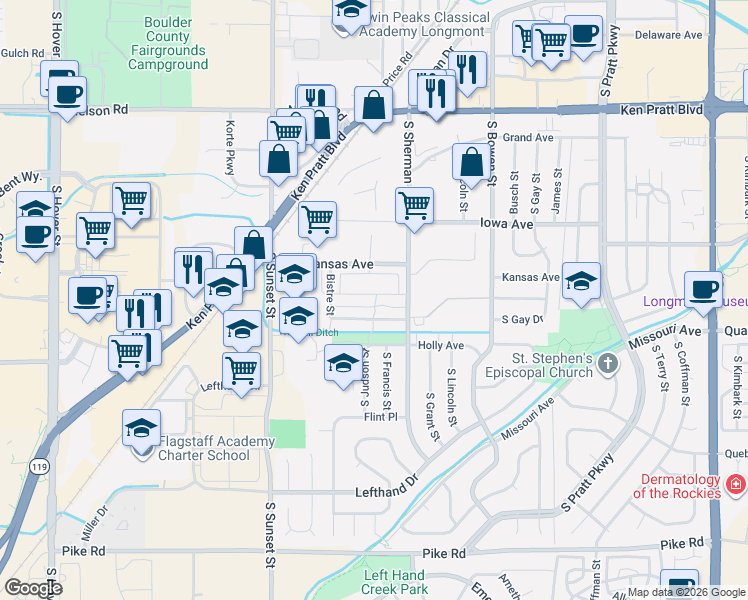 map of restaurants, bars, coffee shops, grocery stores, and more near 1540 Sepia Avenue in Longmont
