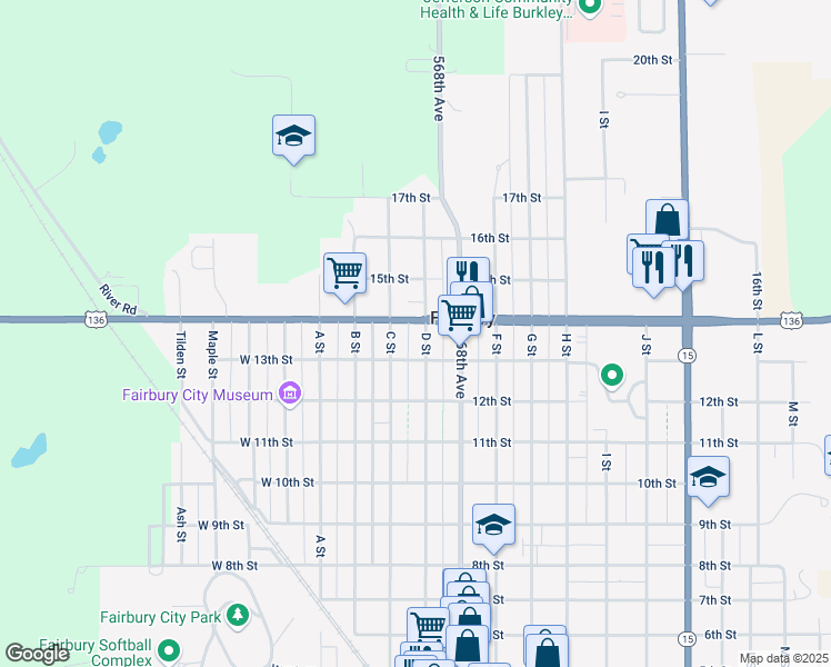 map of restaurants, bars, coffee shops, grocery stores, and more near 1318 C Street in Fairbury