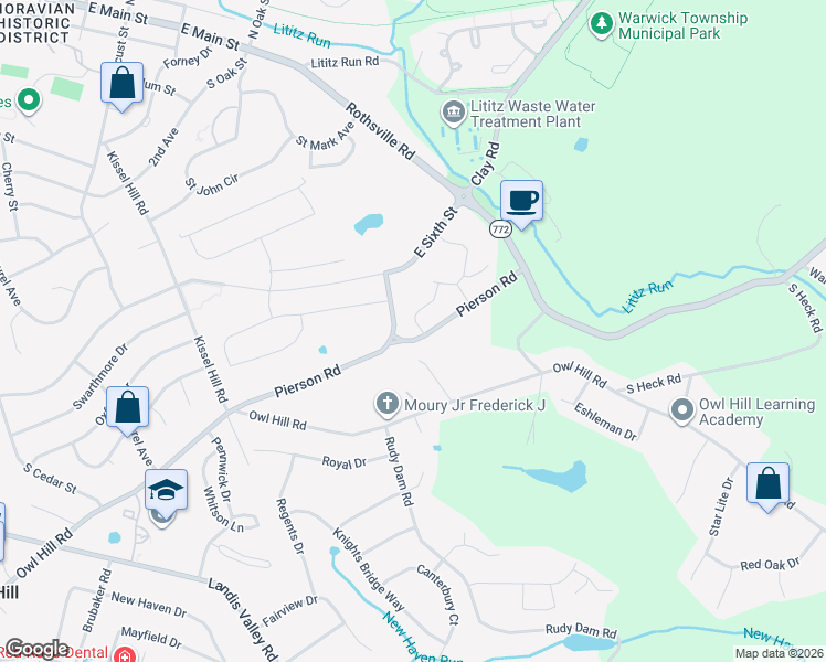 map of restaurants, bars, coffee shops, grocery stores, and more near 401 Pierson Road in Lititz
