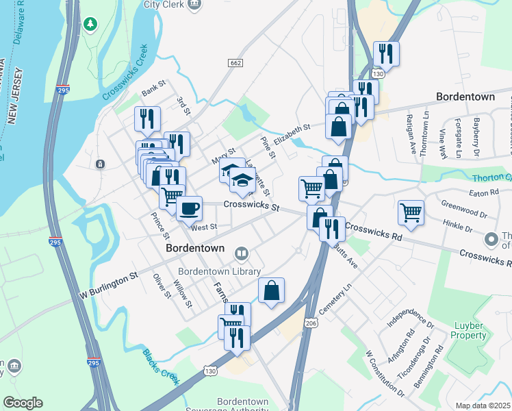 map of restaurants, bars, coffee shops, grocery stores, and more near 118 County Road 528 in Bordentown