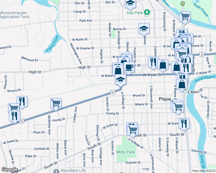 map of restaurants, bars, coffee shops, grocery stores, and more near 624 Covington Avenue in Piqua