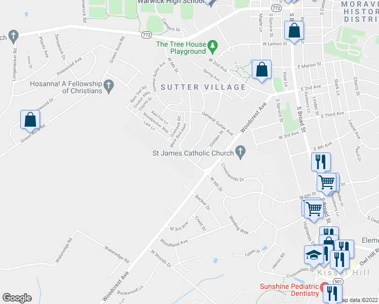 map of restaurants, bars, coffee shops, grocery stores, and more near 548 West Marion Street in Lititz