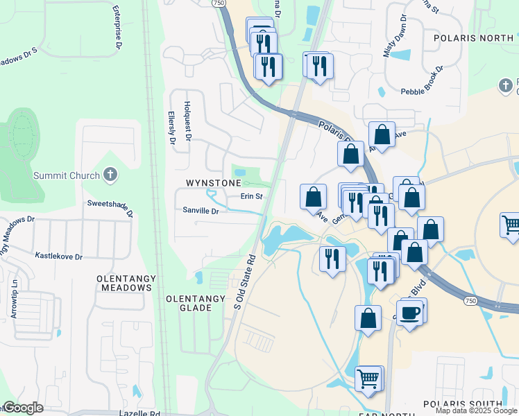 map of restaurants, bars, coffee shops, grocery stores, and more near 784 Sanville Drive in Lewis Center