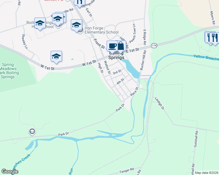 map of restaurants, bars, coffee shops, grocery stores, and more near 201 4th Street in Boiling Springs