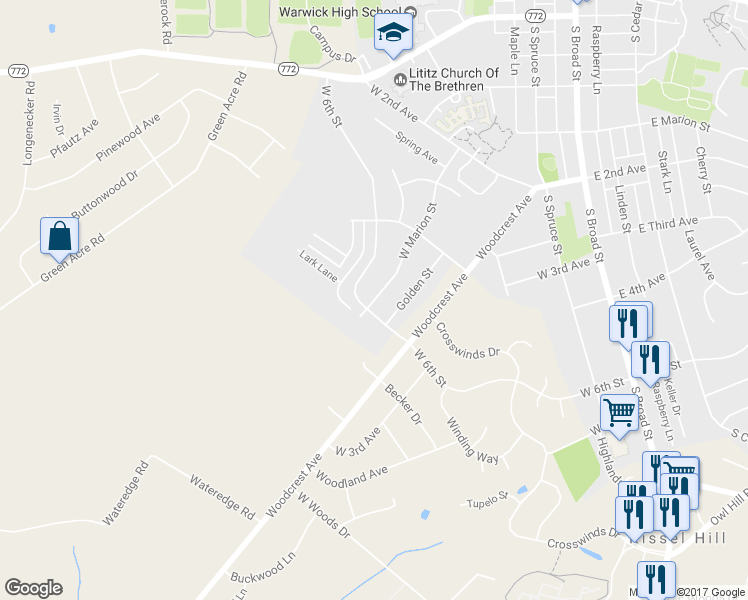 map of restaurants, bars, coffee shops, grocery stores, and more near 546 West Marion Street in Lititz