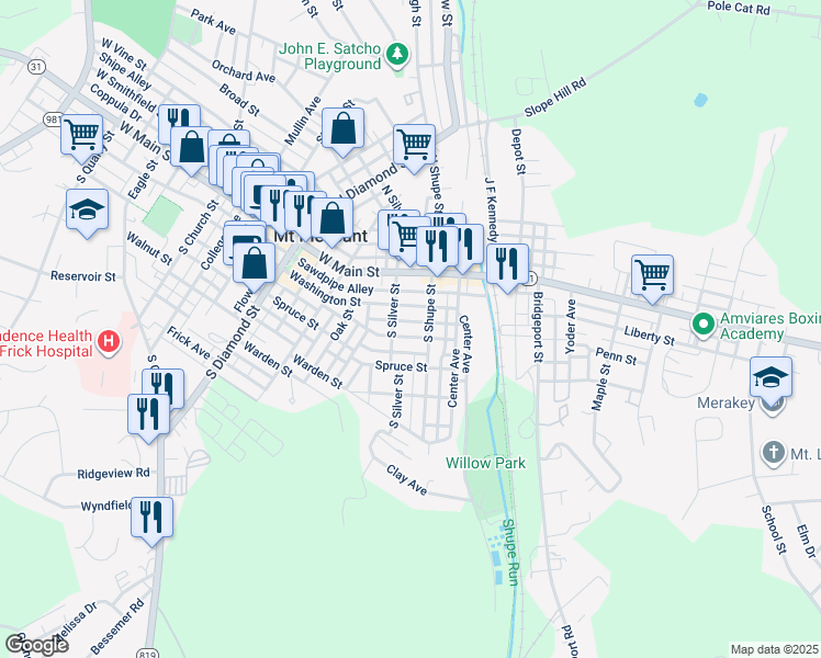 map of restaurants, bars, coffee shops, grocery stores, and more near 222 Summit Street in Mount Pleasant