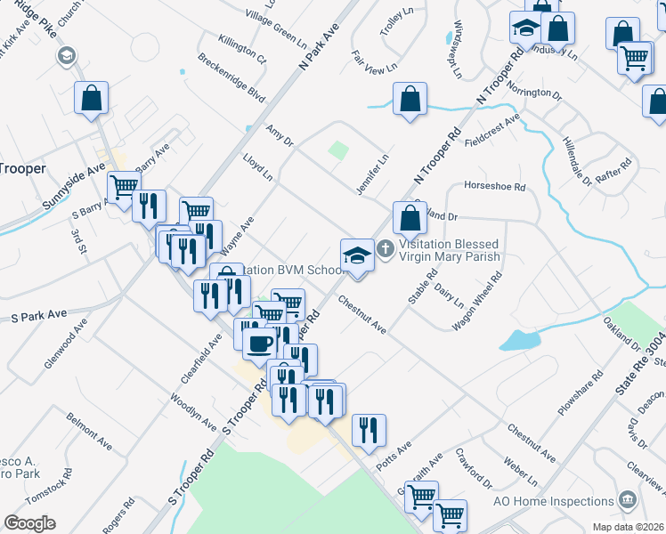 map of restaurants, bars, coffee shops, grocery stores, and more near 113 North Trooper Road in Eagleville