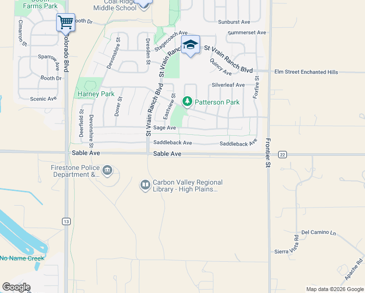 map of restaurants, bars, coffee shops, grocery stores, and more near 6623 Saddleback Avenue in Longmont