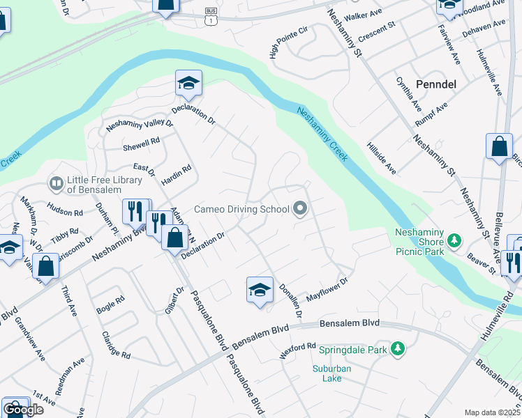 map of restaurants, bars, coffee shops, grocery stores, and more near 6340 Powder Horn Court in Bensalem