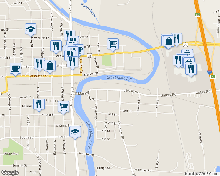 map of restaurants, bars, coffee shops, grocery stores, and more near 237 E Main St in Piqua