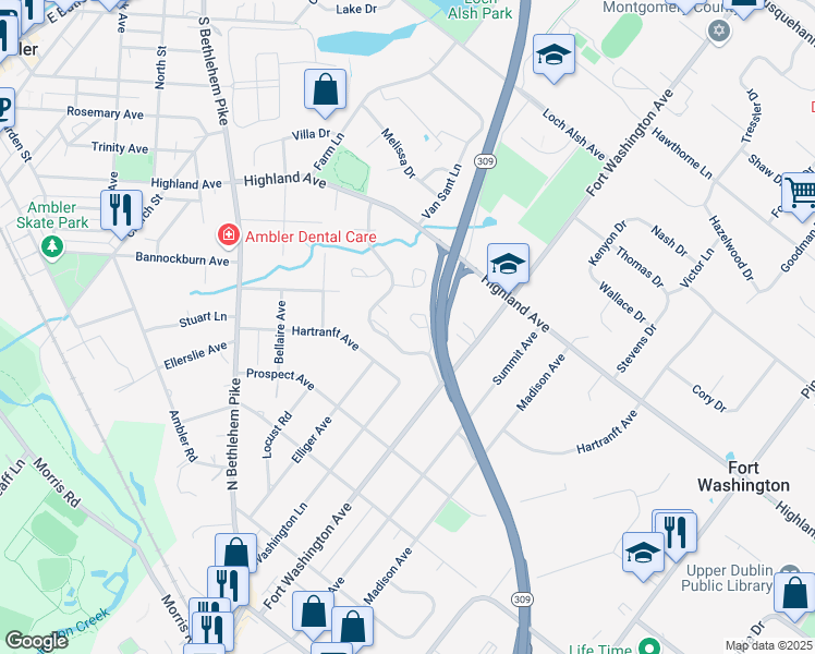 map of restaurants, bars, coffee shops, grocery stores, and more near 204 Tupelo Grove in Ambler