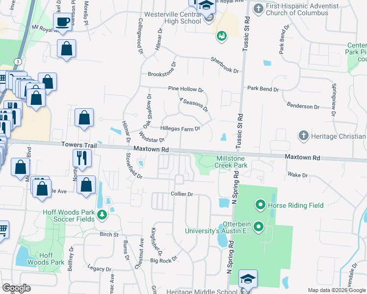 map of restaurants, bars, coffee shops, grocery stores, and more near 7075 Lake Valley Drive in Westerville