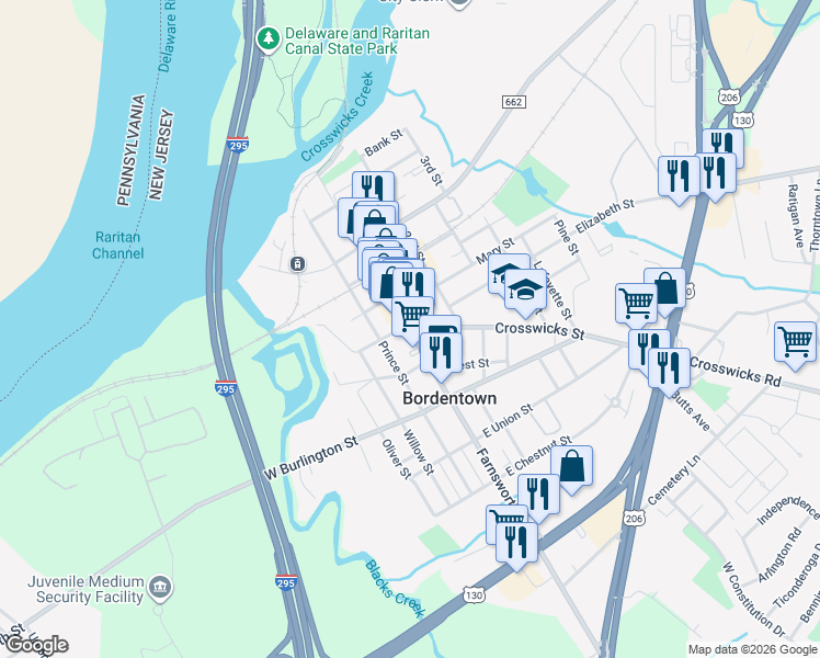 map of restaurants, bars, coffee shops, grocery stores, and more near  in Bordentown