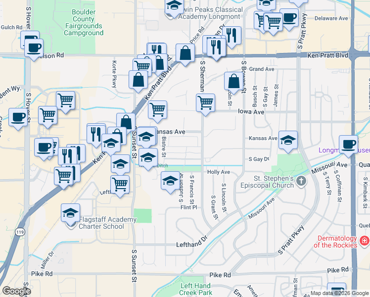 map of restaurants, bars, coffee shops, grocery stores, and more near 1540 Sepia Avenue in Longmont
