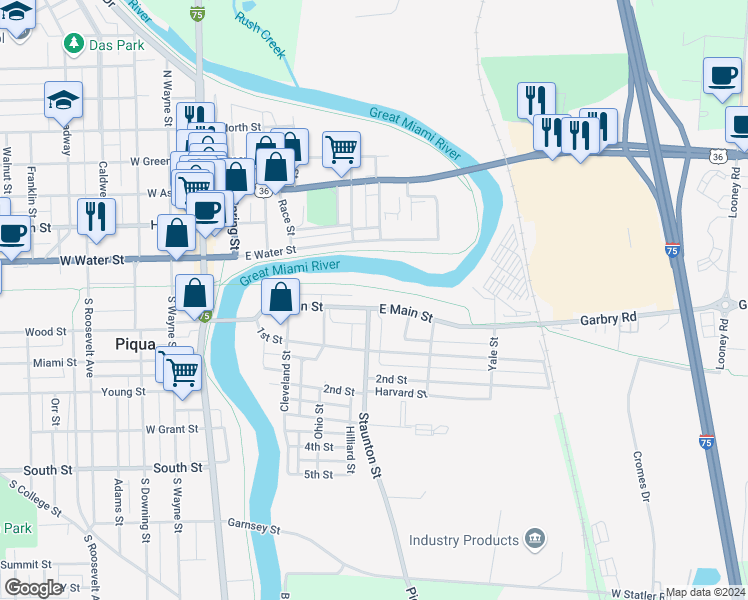 map of restaurants, bars, coffee shops, grocery stores, and more near 269 East Main Street in Piqua