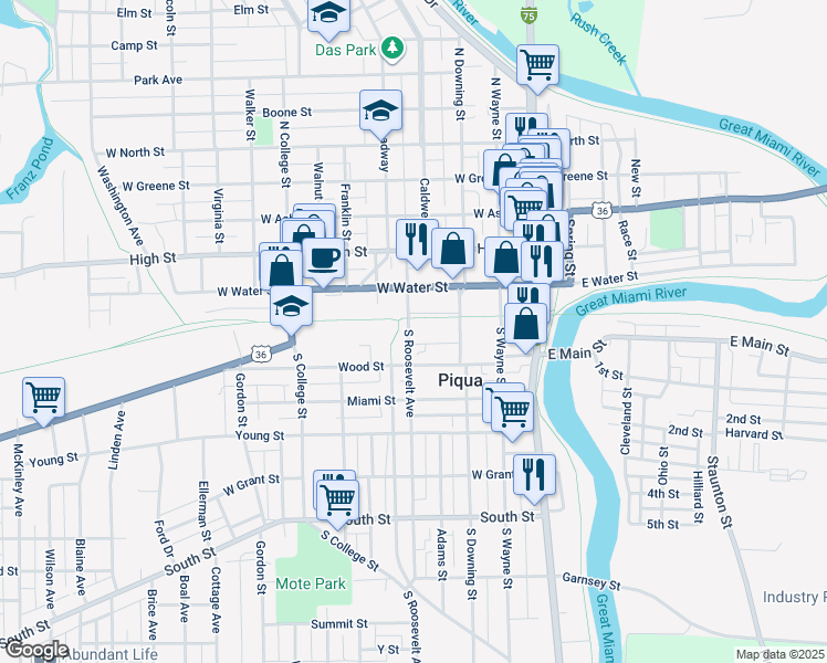 map of restaurants, bars, coffee shops, grocery stores, and more near 111 South Roosevelt Avenue in Piqua