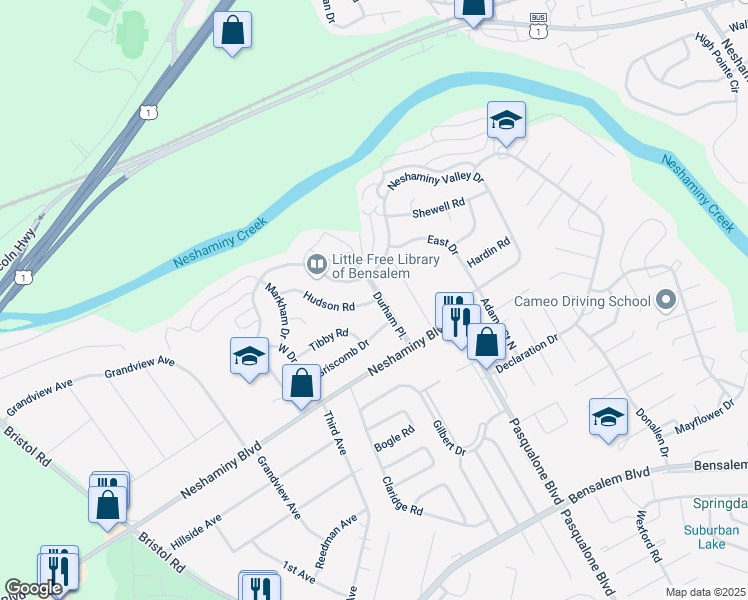 map of restaurants, bars, coffee shops, grocery stores, and more near 811 Durham Place in Bensalem