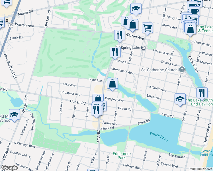 map of restaurants, bars, coffee shops, grocery stores, and more near 417 New Jersey 71 in Spring Lake