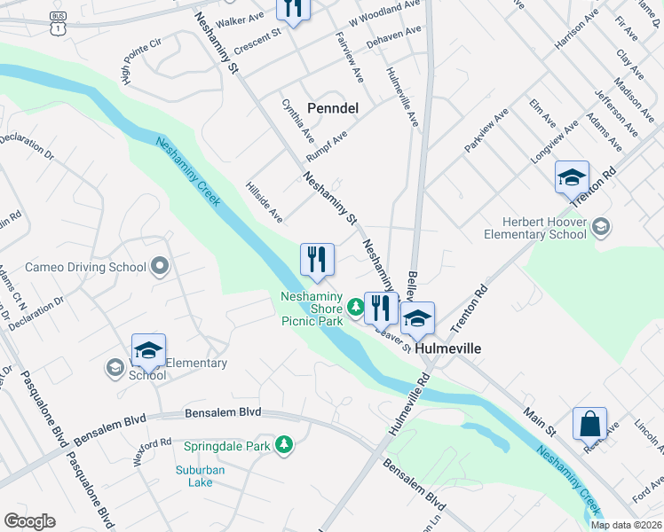 map of restaurants, bars, coffee shops, grocery stores, and more near 9 Hopewell Lane in Hulmeville