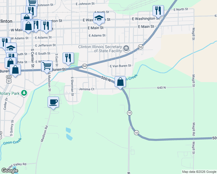 map of restaurants, bars, coffee shops, grocery stores, and more near 1031 640 North in Clinton