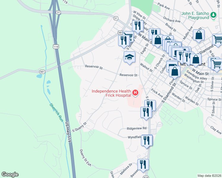 map of restaurants, bars, coffee shops, grocery stores, and more near 223 South Quarry Street in Mount Pleasant