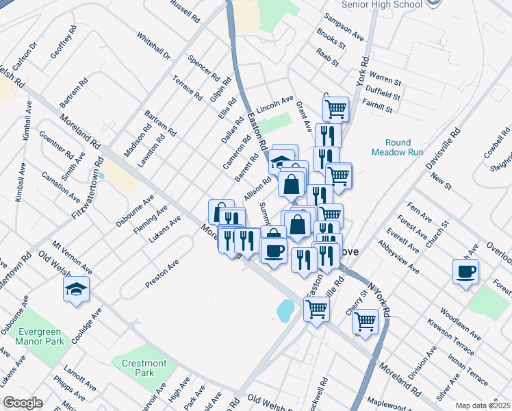 map of restaurants, bars, coffee shops, grocery stores, and more near 119 Summit Avenue in Willow Grove