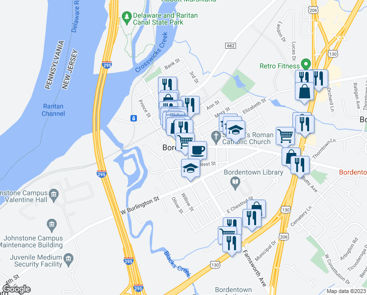 map of restaurants, bars, coffee shops, grocery stores, and more near  in Bordentown