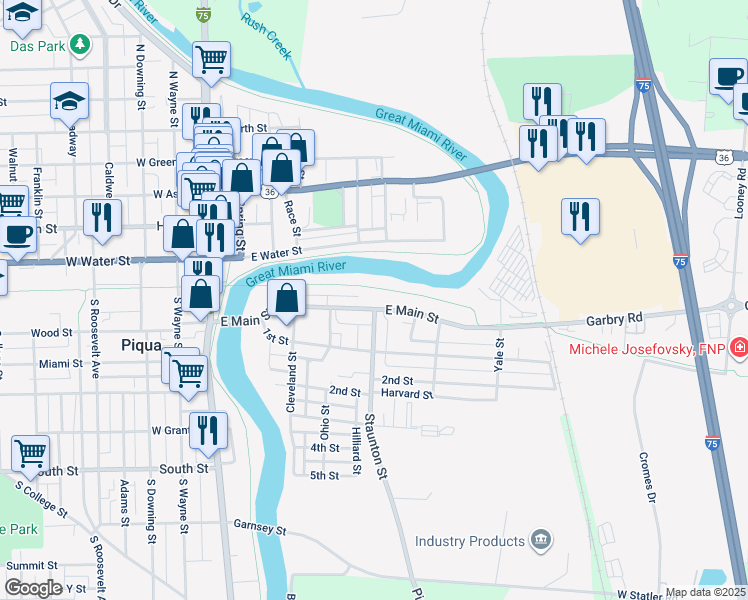 map of restaurants, bars, coffee shops, grocery stores, and more near 269 East Main Street in Piqua