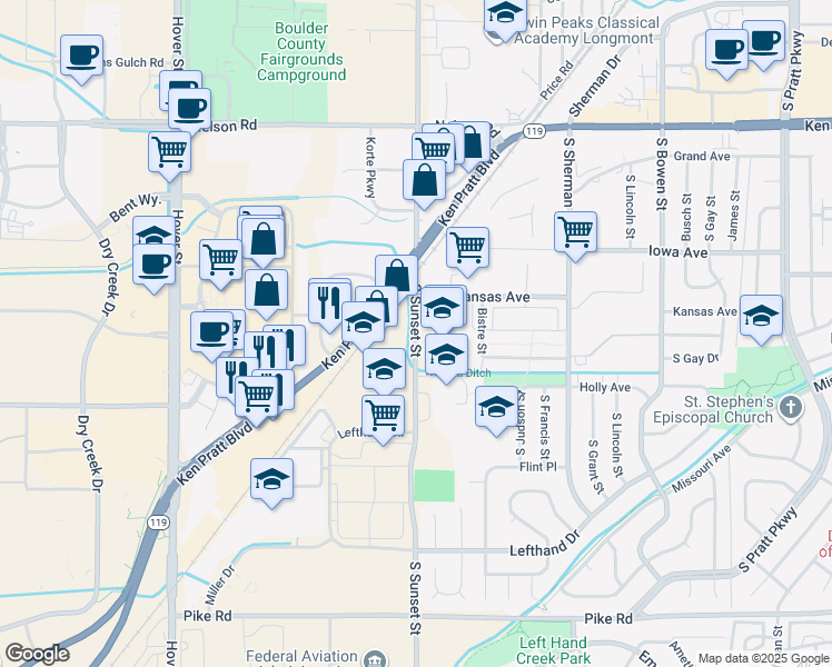map of restaurants, bars, coffee shops, grocery stores, and more near 1300 South Sunset Street in Longmont