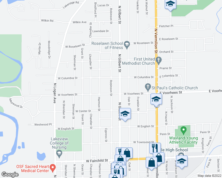 map of restaurants, bars, coffee shops, grocery stores, and more near 1318 Robinson Street in Danville