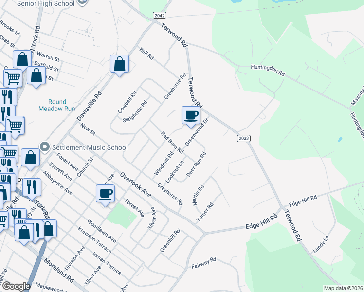 map of restaurants, bars, coffee shops, grocery stores, and more near 314 Red Barn Road in Willow Grove