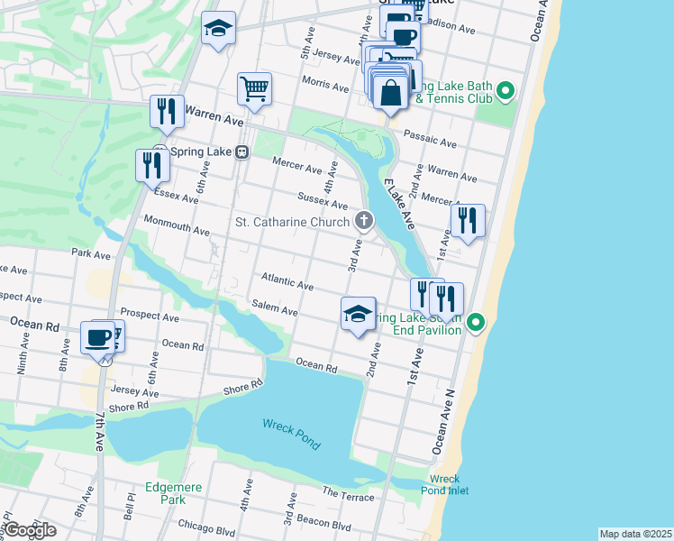 map of restaurants, bars, coffee shops, grocery stores, and more near 307 Monmouth Avenue in Spring Lake