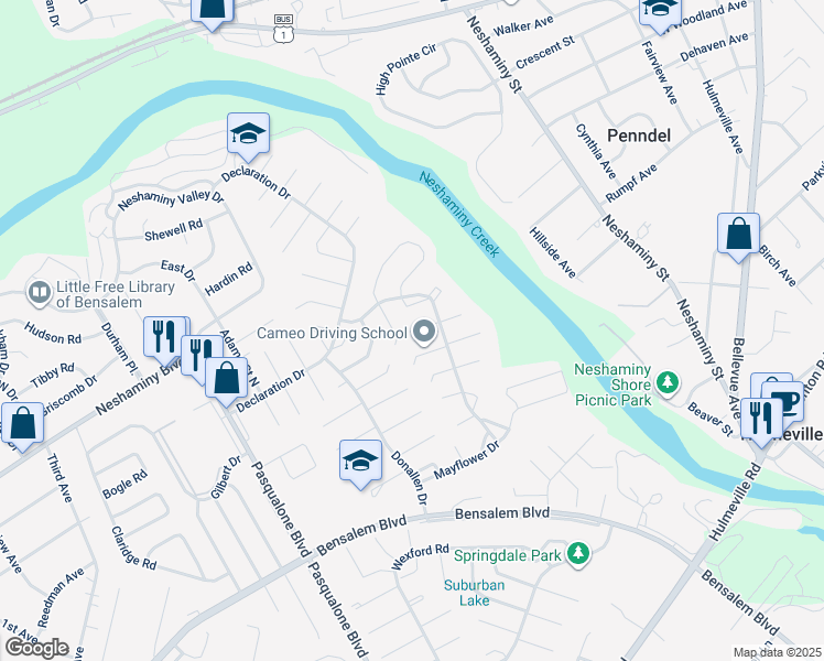 map of restaurants, bars, coffee shops, grocery stores, and more near 6429 Todd Court in Bensalem