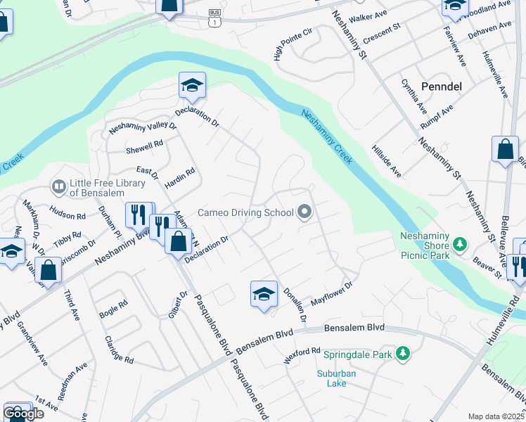 map of restaurants, bars, coffee shops, grocery stores, and more near 6344 Powder Horn Court in Bensalem