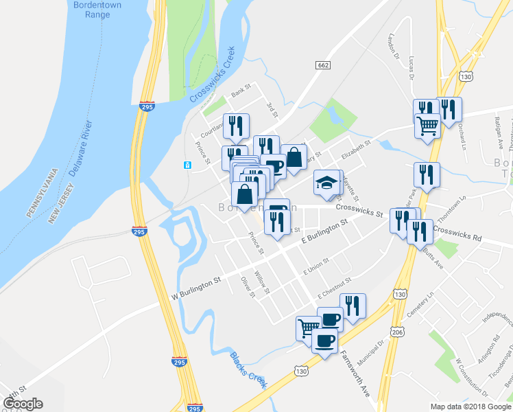 map of restaurants, bars, coffee shops, grocery stores, and more near Farnsworth Ave & Crosswicks St in Bordentown