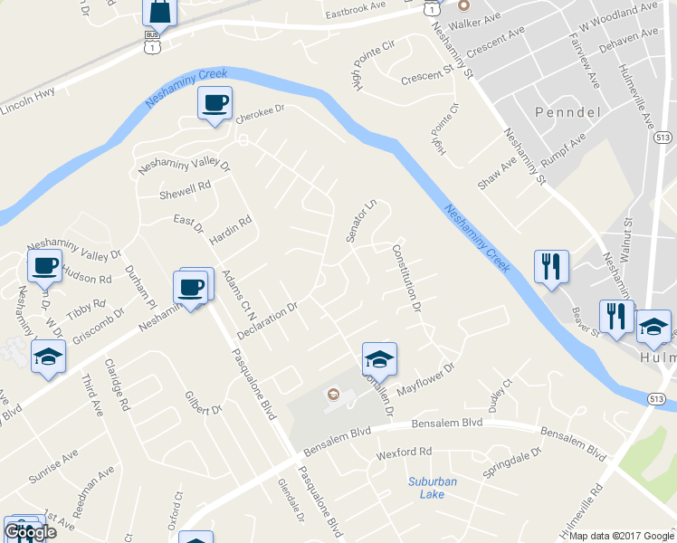 map of restaurants, bars, coffee shops, grocery stores, and more near 6344 Powder Horn Court in Bensalem