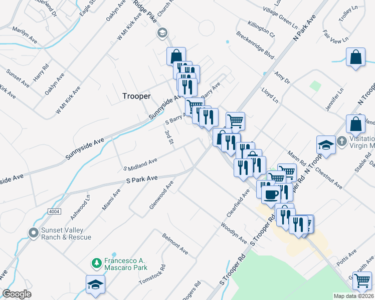 map of restaurants, bars, coffee shops, grocery stores, and more near 248 Oakdale Avenue in Eagleville