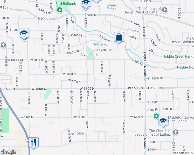 map of restaurants, bars, coffee shops, grocery stores, and more near 1762 North 700 West in Mapleton