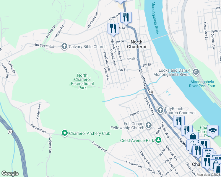 map of restaurants, bars, coffee shops, grocery stores, and more near 1010 Ryan Avenue in North Charleroi
