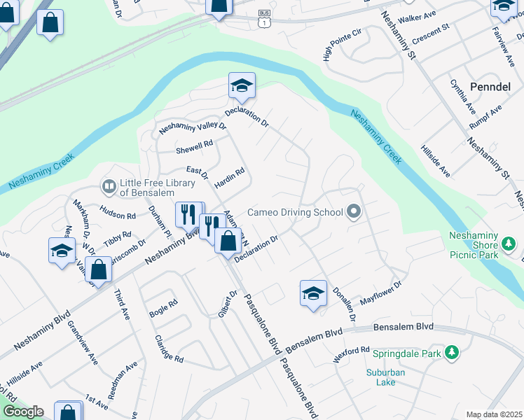 map of restaurants, bars, coffee shops, grocery stores, and more near 6253 Madison Court in Bucks County
