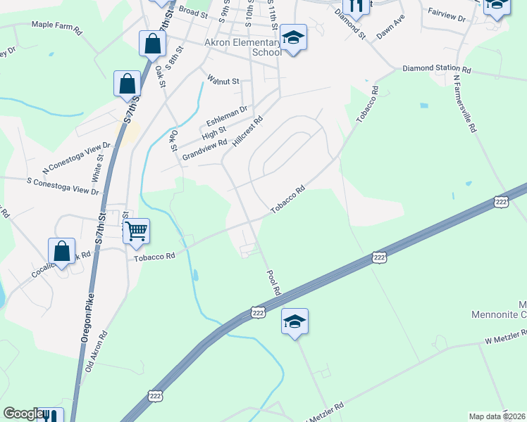 map of restaurants, bars, coffee shops, grocery stores, and more near 209 Tobacco Road in Ephrata